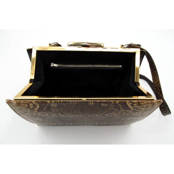 Vintage 60s Genuine Leather Reptile Purse YKK Zip Gold Frame Kiss Lock Bag - Picture 5 of 16